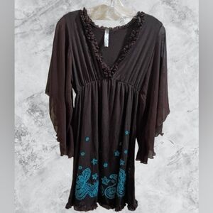Bohemian Black Dress with Blue Embroidery